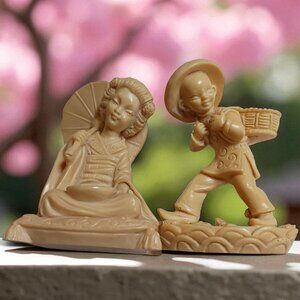 Vintage Faux Ivory Asian Figurines Set – Geisha & Farmer Resin Decor 4"  1980's